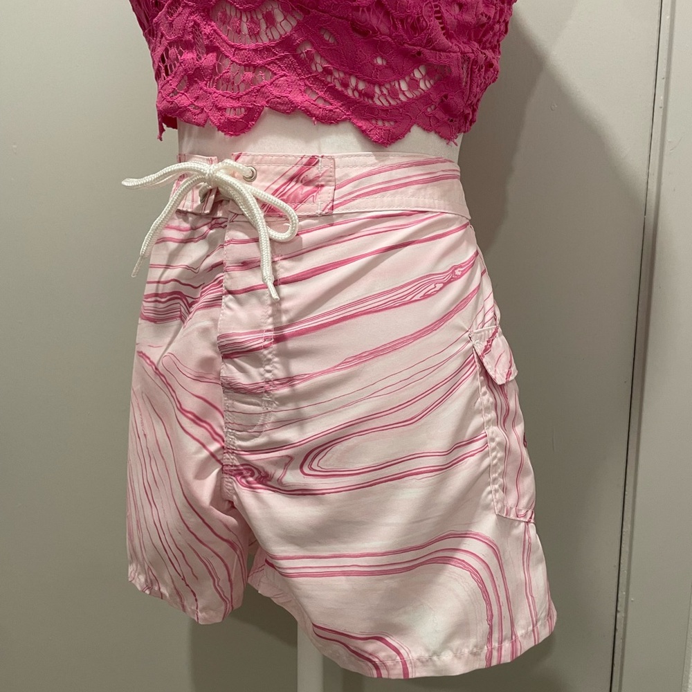 VTG Y2K 90s OP Sport Pink & White Marble Tie-Dye Swim Board Shorts - 9/10